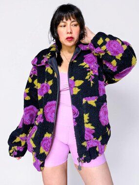 Current Mood floral roses sherpa teddy full zip fairy grunge pocket coat XS New